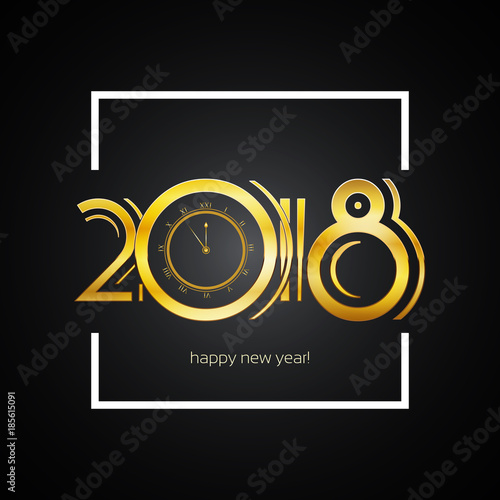 Happy New Year 2018 Greeting Card - Gold Numbers in White Bold Square Frame   EPS10 Vector Illustration Design