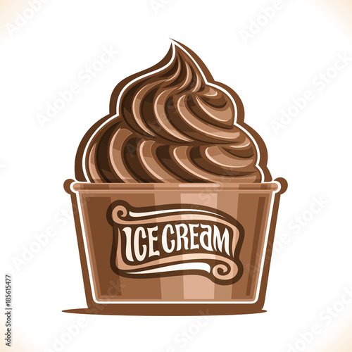 Vector illustration of Chocolate Ice Cream in paper cup, soft serve cocoa sundae in cardboard tub box for menu cafe takeaway, on label original text ice cream, choco twist italian dessert in packaging