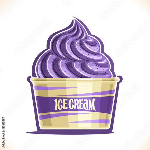 Vector illustration of Blueberry Ice Cream in paper cup, purple yam soft serve sundae in cardboard tub box for cafe takeaway, on label original text ice cream, vegan ube twisted dessert in packaging.