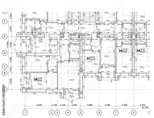 Part of a detailed architectural plan, floor plan, layout, blueprint. Vector illustration