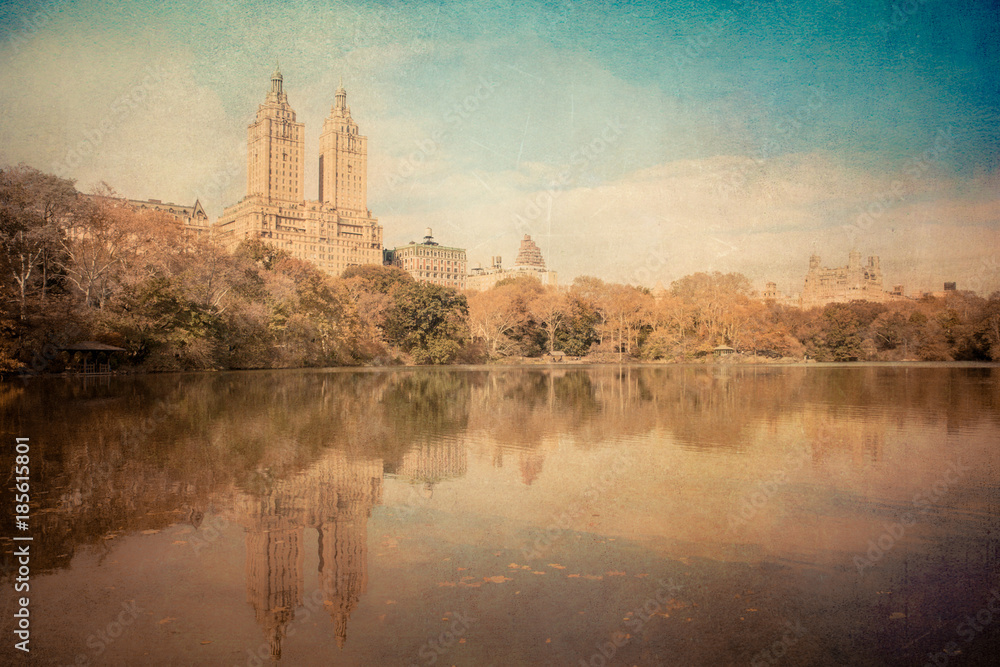 Central Park New York City with vintage grungy texture