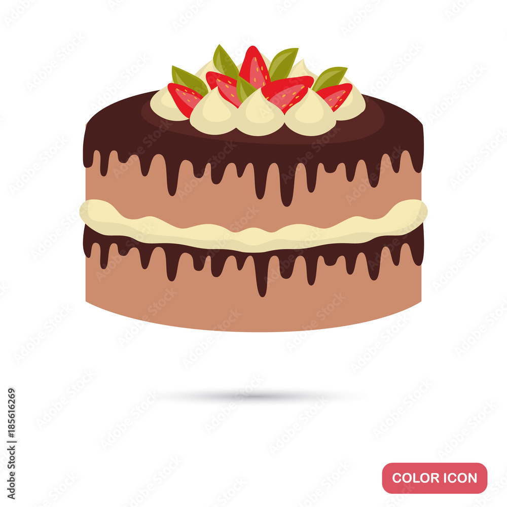 Cake with cream and strawberry color flat icon Cake with cream and strawberry color flat icon