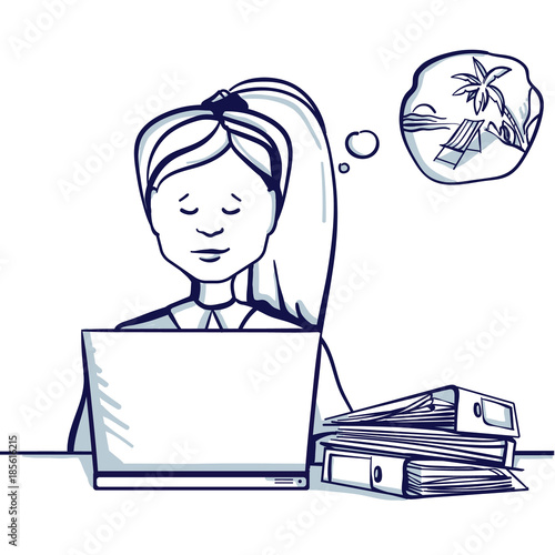 Young business woman sitting at the table, next to her laptop and dreams of a vacation. Hand drawn doodle cartoon vector illustration.