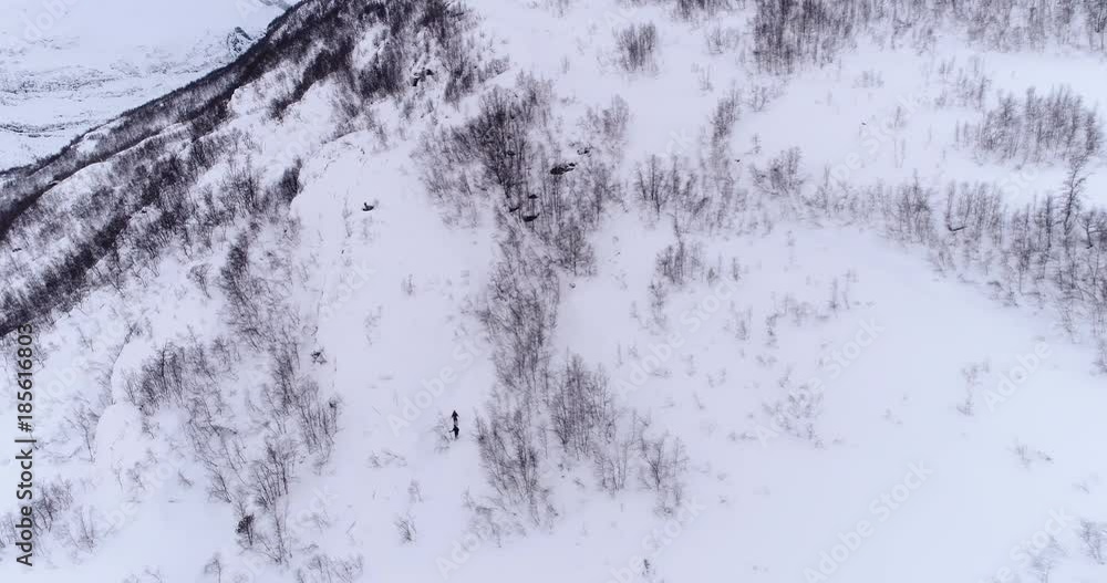 FLAM / AURLAND, NORWAY – FEBRUARY,2017 : Aerial shot over amazing winter landscape at daytime with hikers and mountains in view FLAM / AURLAND, NORWAY – FEBRUARY,2017 : Aerial shot over amazing winter landscape at daytime with hikers and mountains in view