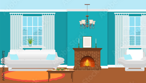 Living room interior with fireplace, furniture and windows. Domestic room design with burning fire in furnace