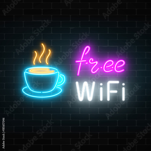Neon cafe signboard with free wifi zone. Hot coffee cup and advertising lettering glowing sign.