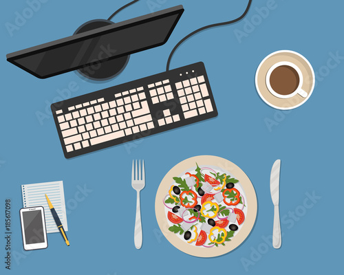 Business lunch concept. There is a plate with salad and a cup of coffee on a blue background. There is also a monitor and a keyboard here. Vector illustration.