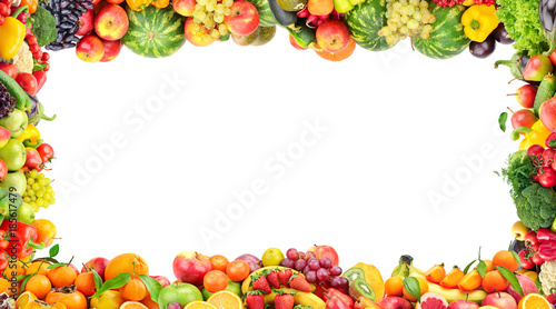 Frame of vegetables and fruits isolated on white background.