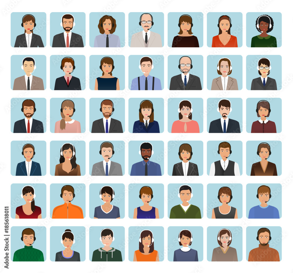 Call center employee avatars set with headset. Support service characters icons of faces.