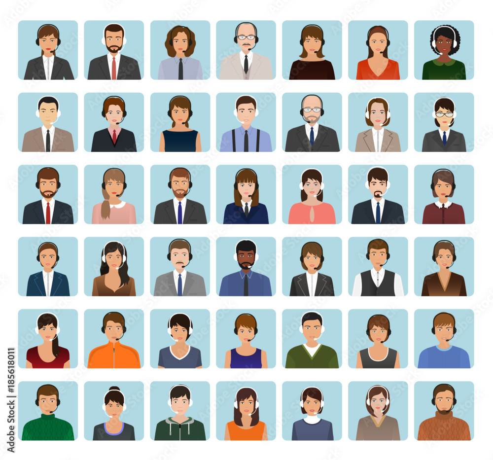 Call center employee avatars set with headset. Support service characters icons of faces. Call center employee avatars set with headset. Support service characters icons of faces.