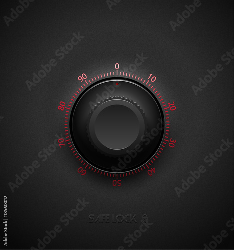 Realistic black combination safe lock volume element on textured plastic dark background. Red glossy round scale. Vector security icon or design element.