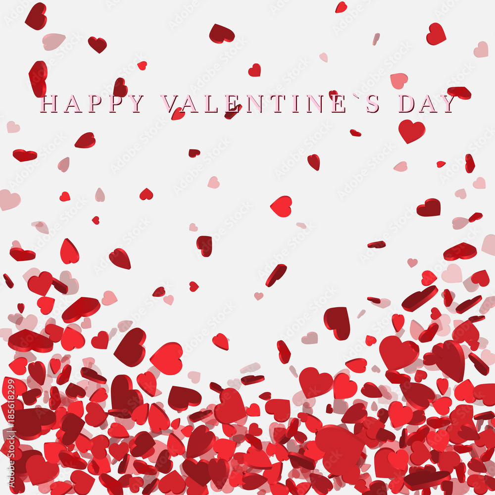 Heart confetti of Valentines petals falling on white background. Flower petal in shape of heart confetti for Women's Day