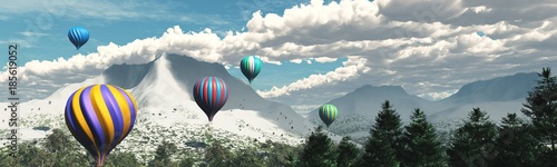 Balloons.
Mountain landscape with balloons for aeronautics.
