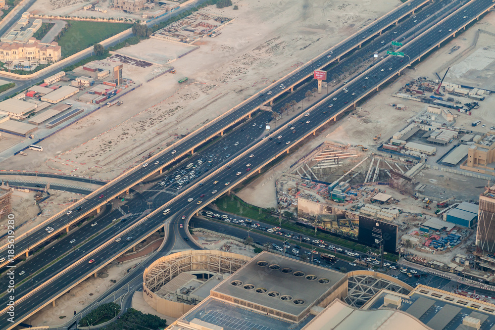 DUBAI, UAE - OCTOBER 21, 2016: Aerial view of a highway in Dubai, United Arab Emirates