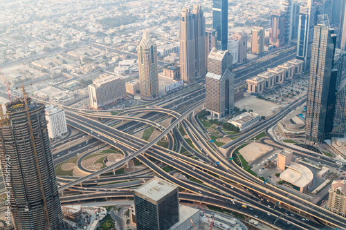 Aerial view of a highway intersection in Dubai, United Arab Emirates