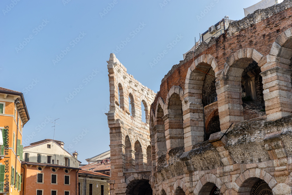 Arena of Verona  / Detail of the exterior view of the Arena of Verona in Italy