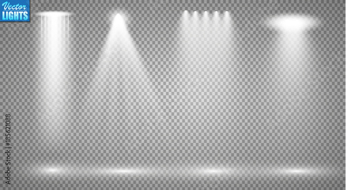 Vector light sources  concert lighting  stage spotlights set. Concert spotlight with beam  illuminated spotlights for web design illustration  