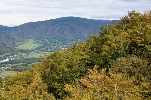 The highest top Jizera mountains Smrk 1124 m and village Bily Potok, Northern Bohemia, Czech republic