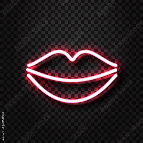 Vector realistic isolated neon erotic lips sign for decoration and covering on the transparent background. Concept of erotic show and night club.