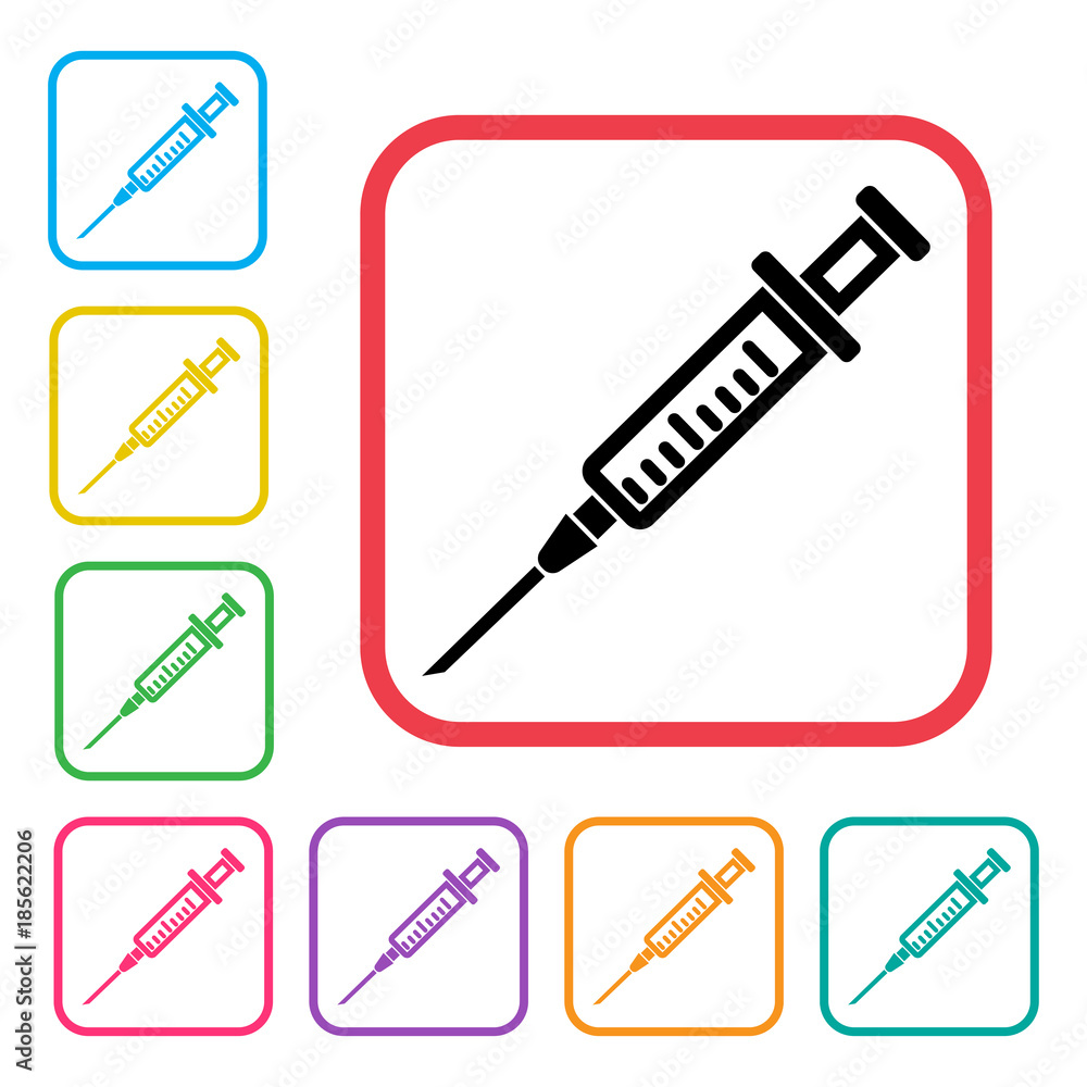 Black empty syringe icon in red frame. Colorful set additional versions icons. Outline design. Vector illustration Black empty syringe icon in red frame. Colorful set additional versions icons. Outline design. Vector illustration