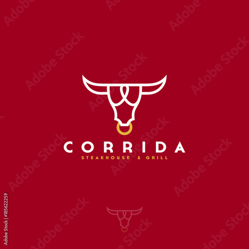 Corrida logo. Logo steak house. Meat restaurant emblems. The stylized head of a bull and letters.