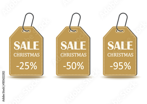 Set of golden Christmas sales tag with inscriptions and shadow. Vector illustration.