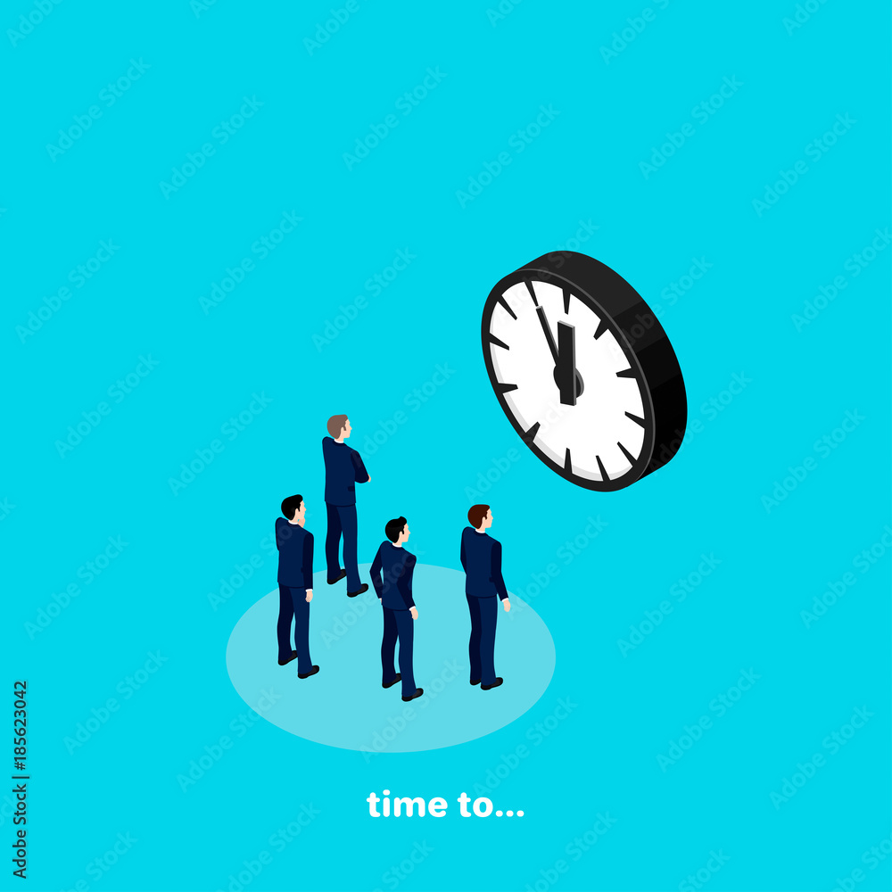 people in business suits stand to the will of large hours, an image in an isometric style on the subject of timing people in business suits stand to the will of large hours, an image in an isometric style on the subject of timing