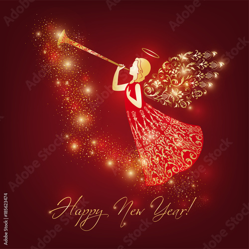 Vintage angel with ornamental wings and trumpet