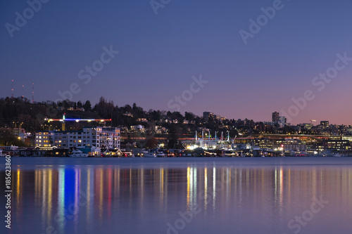 Sunset over Seattle's skyline creating reflections in Lake Washington © Michelle Mealing Art