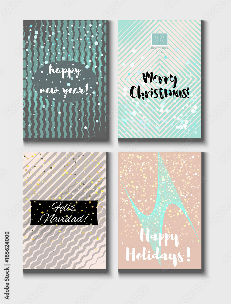 Fototapeta Christmas Card Vector Set with Lettering. Merry Christmas, Happy New Year, Feliz Navidad and Happy Holidays Text on Festive Background in Faded Blue, Pink, Grey, Snowfall. Tender Christmas Card Set
