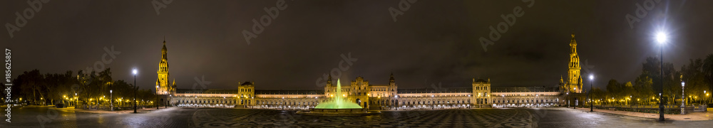 Panorama of Plaza de Espana at night. Seville, Spain