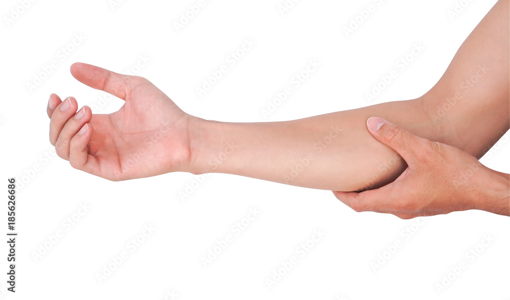 Man hand holding wrist on white background, health care and medical