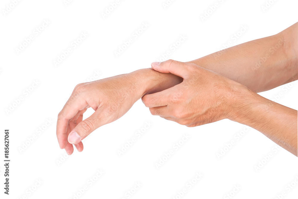 Man hand holding wrist on white background, health care and medical Man hand holding wrist on white background, health care and medical
