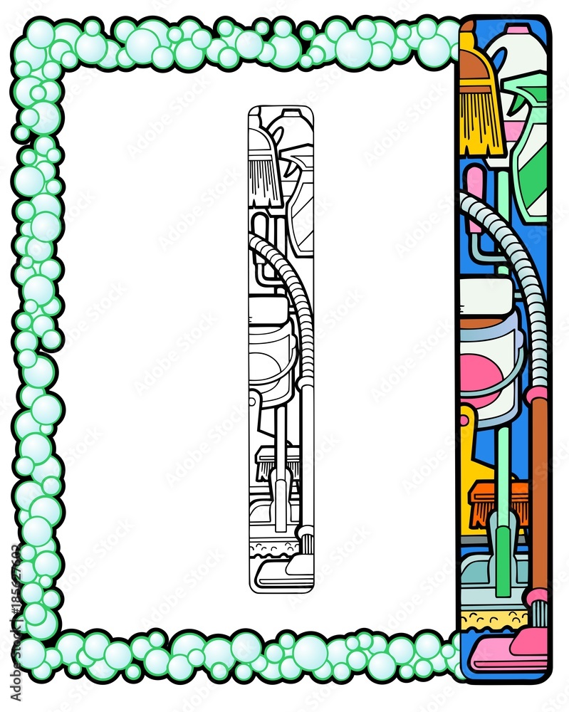 Border design with cleaning supplies, janitorial equipment. Includes