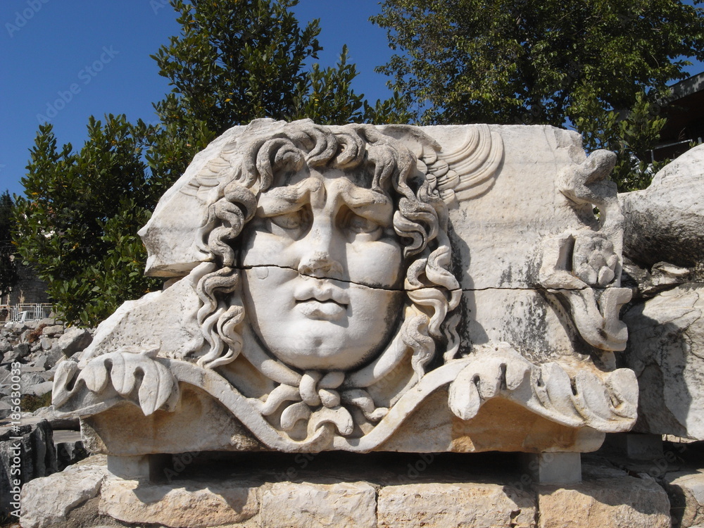 Medusa head in Temple of Apollo at Didim, Turkey