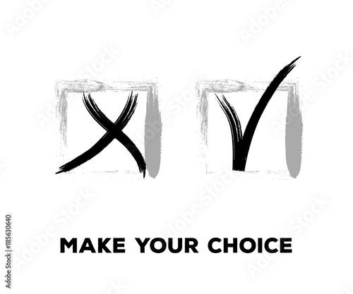 Yes and No Vector Set Square Frames, Isolated.  Hand Painted Election, Quizz, Voting, Test Symbols. Ink Brush Rejection and Approval, Query Choice Icons. Yes and No Tick and Cross Symbolic Marks.
