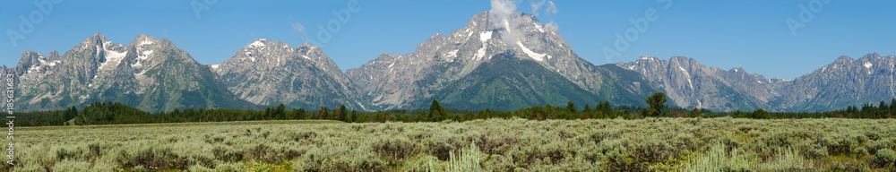Panoramic view of the Tetons in Wyoming