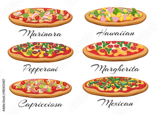 Pizza vector. Cartoon pizza with cheese and tomato like margherita and pepperoni, mexican and italian supreme isolated on white background