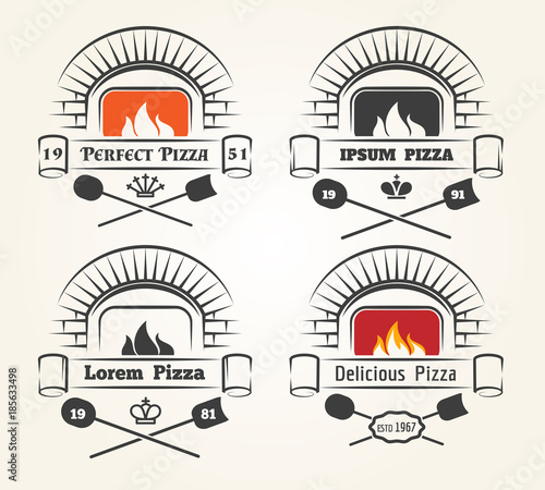 Firewood oven pizza logo. Traditional pizzeria emblems with fire, old wood fired brick oven and shovels isolated on white background, vector illustration