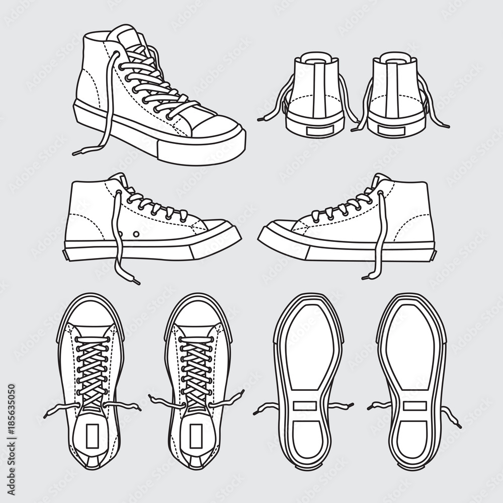 sneaker shoe canvas sport wear foot wear training running shoe illustration  vector cartoon Black and white Stock Vector | Adobe Stock