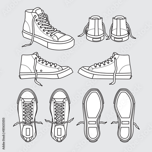 sneaker shoe canvas sport wear foot wear training running shoe illustration vector cartoon Black and white 
