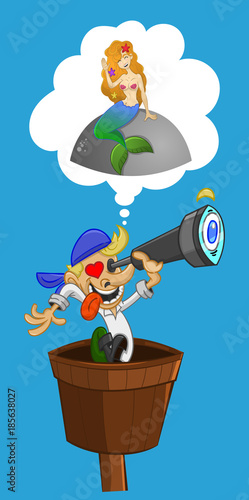 Pirate finding siren with binocular cartoon vector