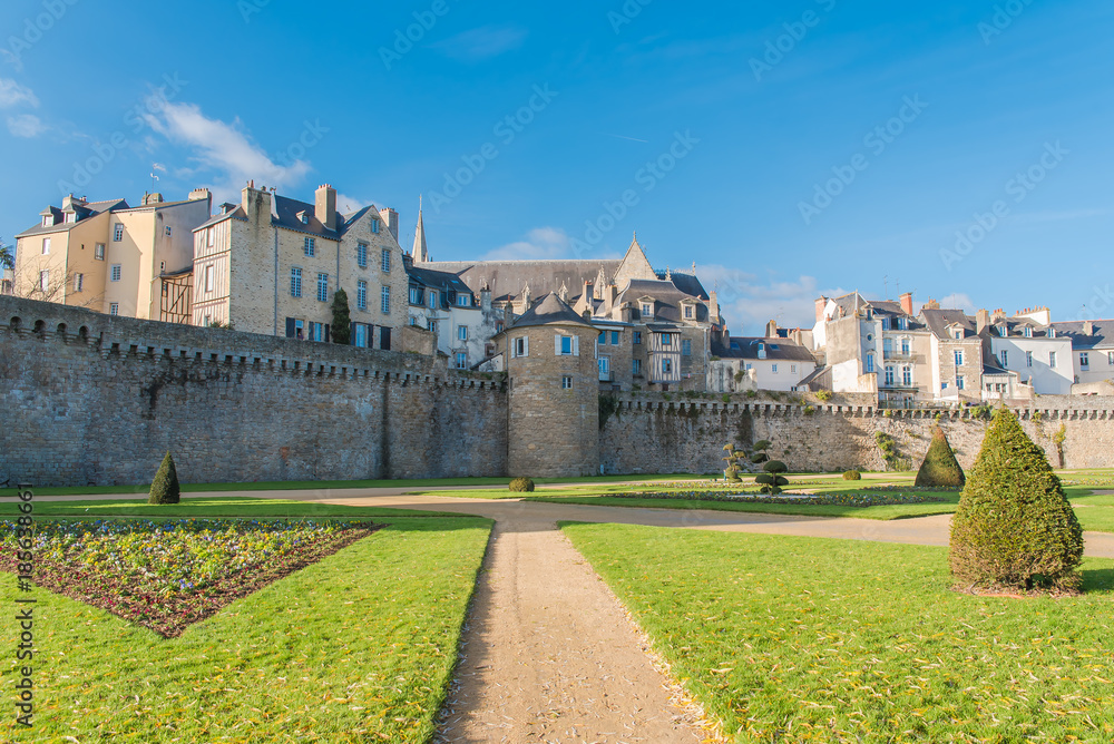 Vannes, Brittany, view of the ramparts garden with a tower, touristic place in Morbihan 
