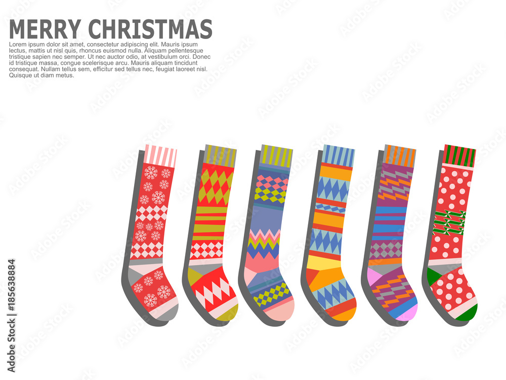 Greeting cards, poster or banner. Colorful Christmas socks.