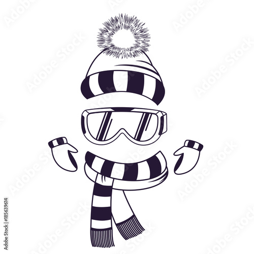 Protective glasses for skiing. Goggles A set of winter clothes a snow hat with a pompon, a striped scarf and mittens.