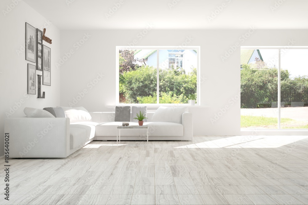 Fototapeta premium Idea of white room with sofa and summer landscape in window. Scandinavian interior design. 3D illustration