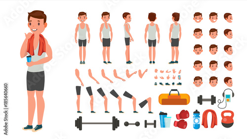 Fitness Man Vector. Animated Athlete Character Creation Set. Full Length, Front, Side, Back View, Accessories, Poses, Face Emotions, Various Hairstyles, Gestures. Isolated Flat Cartoon Illustration