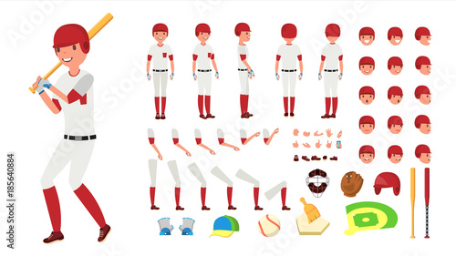Baseball Player Vector. Animated Character Creation Set. American Base Ball Tools And Equipment. Full Length, Front, Side, Back View, Accessories, Poses, Face Emotions, Gestures. Isolated Flat Cartoon