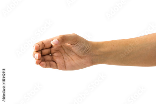 Female hand gesture like a holding bottle, glass or something empty isolated on white background with clipping path for graphics, cut out, editing.