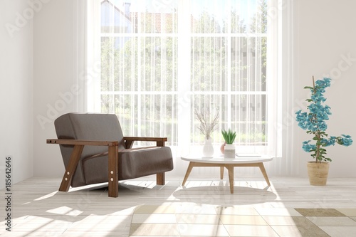 Idea of white room with armchair and summer landscape in window. Scandinavian interior design. 3D illustration © AntonSh